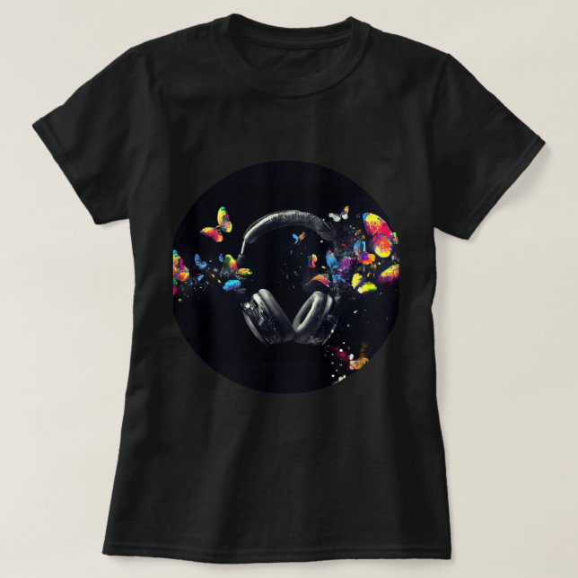 Camiseta Fones de ouvido e borboletas (Frente do Design)