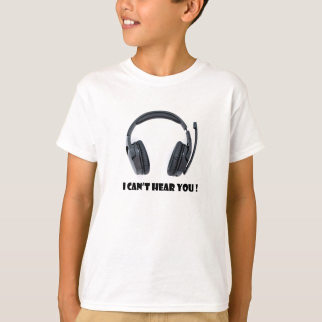 Camiseta fones de ouvido mais texto que não consigo ouvir (Frente)