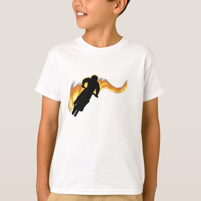 Camiseta Fora da estrada, moto de saia com chamas (Frente)