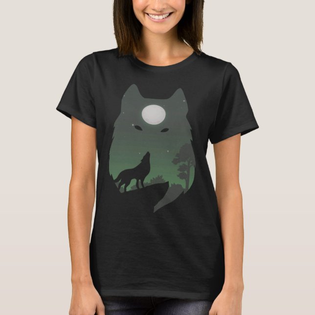 Camiseta Forest with Full Moon Silhouette Howling Wolf (Frente)