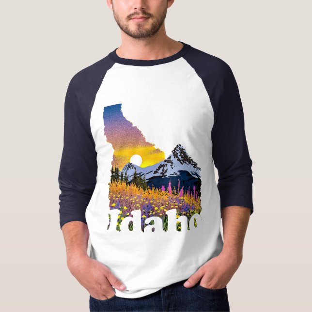 Camiseta Forma de Idaho com montanhas e flores silvestres (Frente)