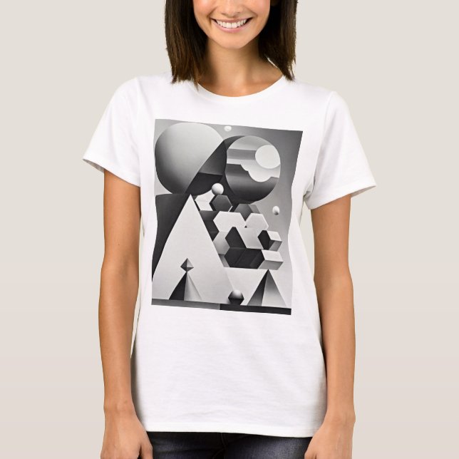 Camiseta Formas geométricas de cinzas brancas pretas (Frente)