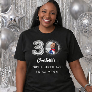 Camiseta foto aniversário de 30 anos preta de prata