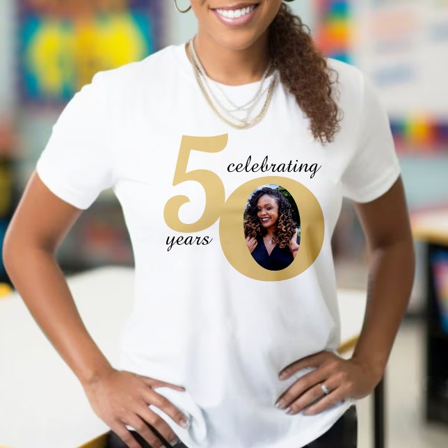 Camiseta Foto branca e Dourada 50 50 anos 50 anos aniversár (White & Gold 50 Fifty Years 50th Birthday T-Shirt)