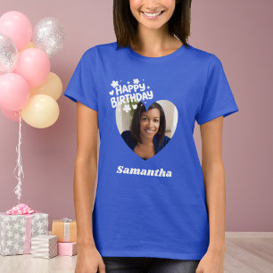 Camiseta Foto coração nome aniversário azul