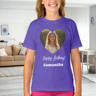 Camiseta Foto coração nome aniversário menina roxo