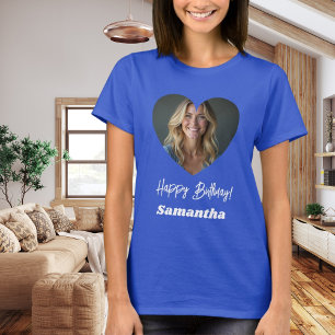 Camiseta Foto coração nome aniversário mulher azul