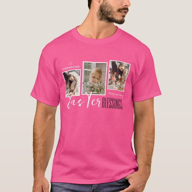 Camiseta Foto da família três de Felzs pascoa de script ele (Frente)