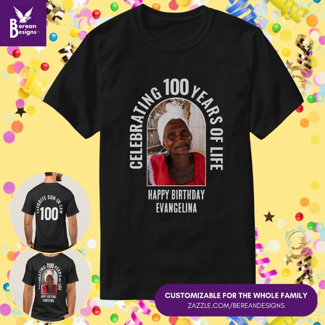 Camiseta Foto de Aniversário de Correspondência Personaliza (Matching Family Birthday T-Shirt with Customizable Photo and Text, front and back. For group parties)
