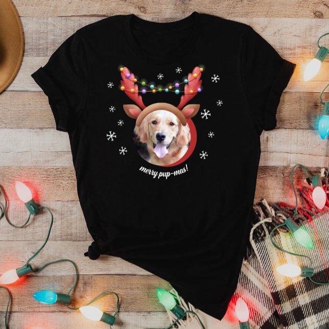 Camiseta Foto de cão com Reindeer Antler Hat Feliz Natal (Criador carregado)