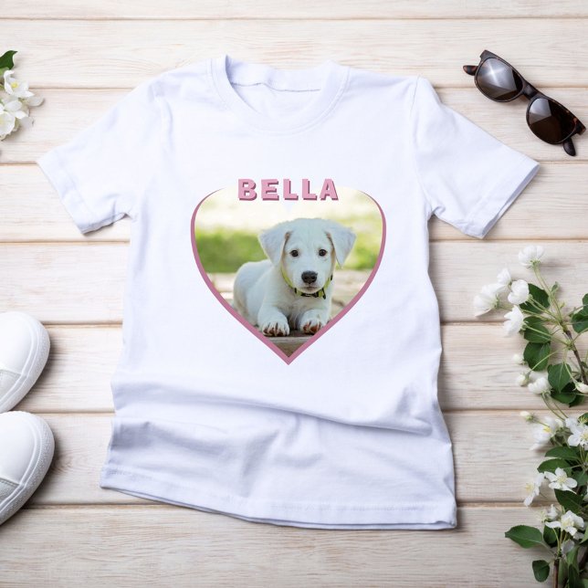 Camiseta Foto de Cão Nome de T-Shirt Coração Rosa (Criador carregado)