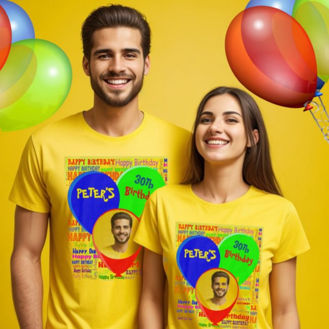 Camiseta Foto de diversão personalizada e festa de aniversá (Happy birthday t-shirt with balloons, custom text and photo to celebrate a memorable birthday party.)