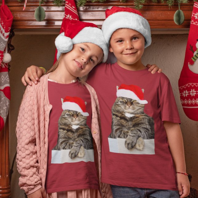 Camiseta Foto de Humbug de Cat Natal com Santa Hat (Christmas Cat Humbug Photo & Santa Hat Kids T-Shirt)