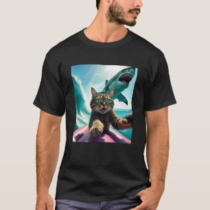Camiseta Foto engraçada de gato surfando com meme de tubarã
