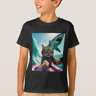 Camiseta Foto Engraçada de Gato Surfista com Meme de Tubarã