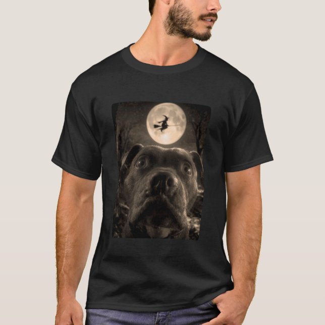 Camiseta Foto engraçada de Pit Bull Lua Cheia Bruxa Voadora (Frente)