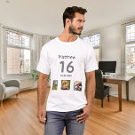 Camiseta Foto-monograma personalizado de 16 anos<br><div class="desc">Para um aniversário de 16 anos como presente ou para a festa. Uma colagem de 3 fotos de seus amigos,  família,  interesse ou animais de estimação. Personalize e adicione seu nome,  16 anos e uma data. Data de nascimento ou data da festa de aniversário. Cinza e texto a preto.</div>