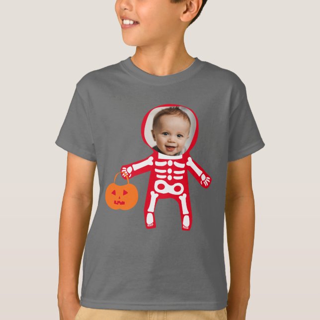 Camiseta Foto personalizada, truque de esqueleto do Hallowe (Frente)