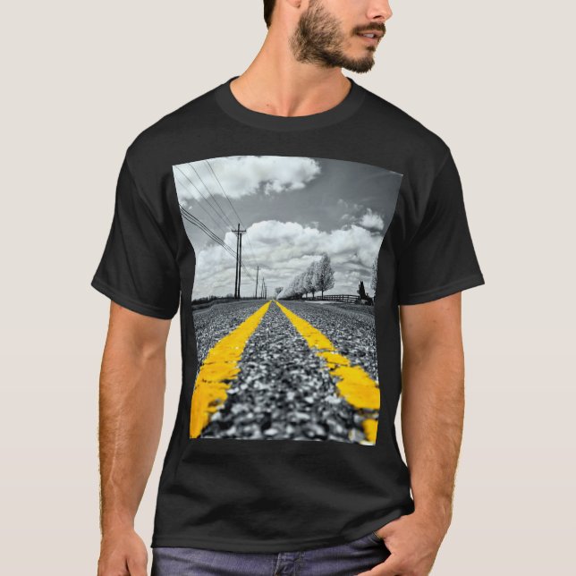 Camiseta Fotografia criativa da estrada de asfalto amarelo (Frente)