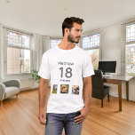 Camiseta Fotografia personalizada de 18 anos, garoto monogr<br><div class="desc">Para um aniversário de 18 anos como presente ou para a festa. Uma colagem de 3 fotos de seus amigos,  família,  interesse ou animais de estimação. Personalize e adicione seu nome,  18 anos e uma data. Data de nascimento ou data da festa de aniversário. Cinza e texto a preto.</div>