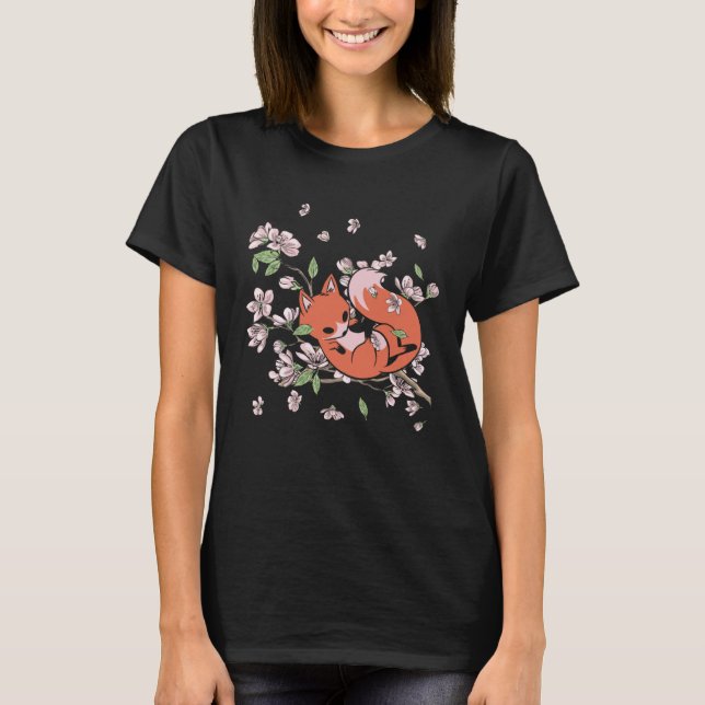 Camiseta Fox Cherry Blossom Foxes Japanese Flower Sakura (Frente)