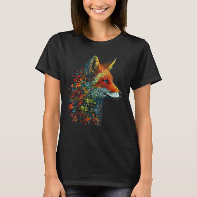 Camiseta Fox Colourful Flowers  Blue Eyes Animal Fox (Frente)