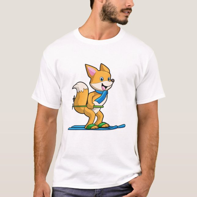 Camiseta Fox como esquiador com bastões de esqui e esqui (Frente)