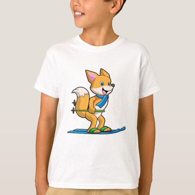 Camiseta Fox como esquiador com bastões de esqui e esqui (Frente)