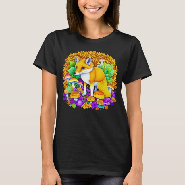 Camiseta Fox do outono em Cogumelos e Folhas de outono (Frente)