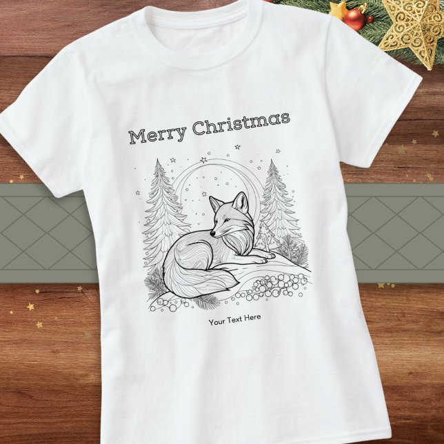 Camiseta Fox Line Art do inverno Natal (A festive t-shirt with line art picture of a fox in winter snow and Merry Christmas greeting above)