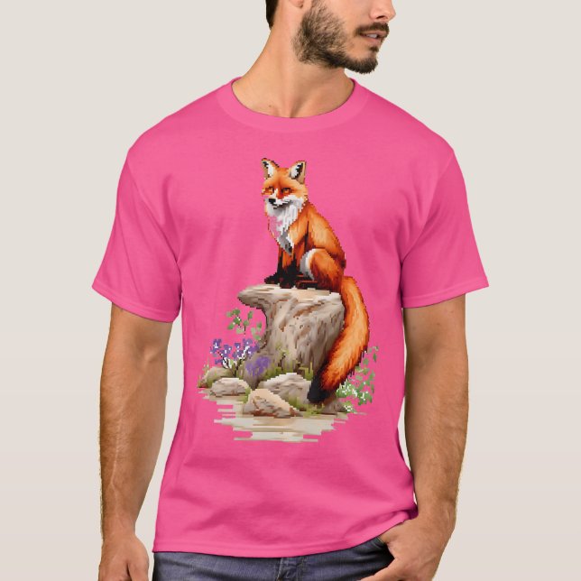 Camiseta Fox Nature Pixel Animal Flowers Art Fox (Frente)