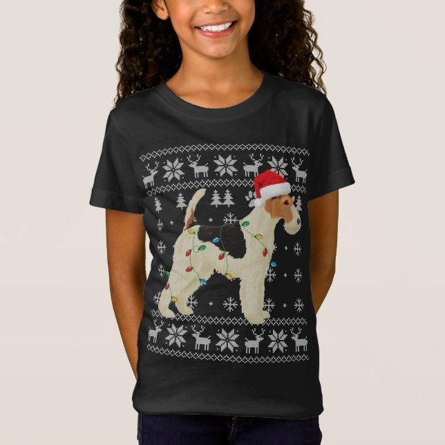 Camiseta Fox Terrier Christmas Ugly Lights Santa Hat D (Frente)