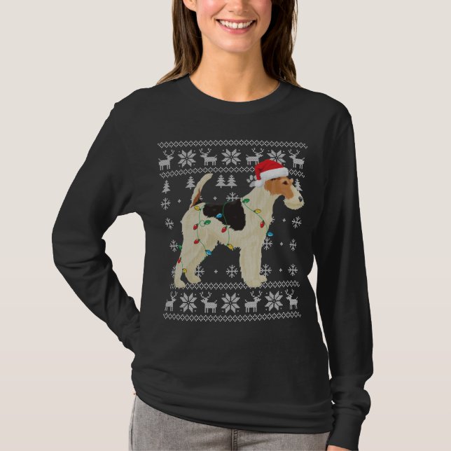 Camiseta Fox Terrier Christmas Ugly Lights Santa Hat D (Frente)