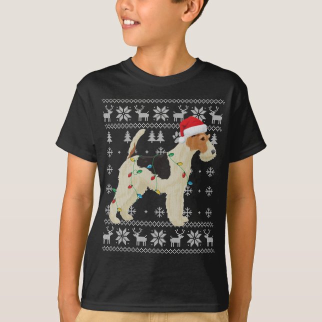 Camiseta Fox Terrier Christmas Ugly Lights Santa Hat D (Frente)