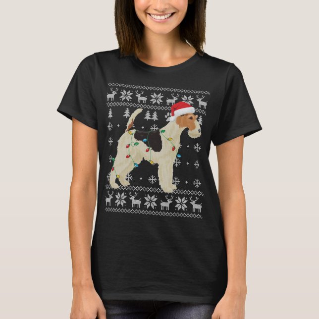 Camiseta Fox Terrier Christmas Ugly Lights Santa Hat D (Frente)