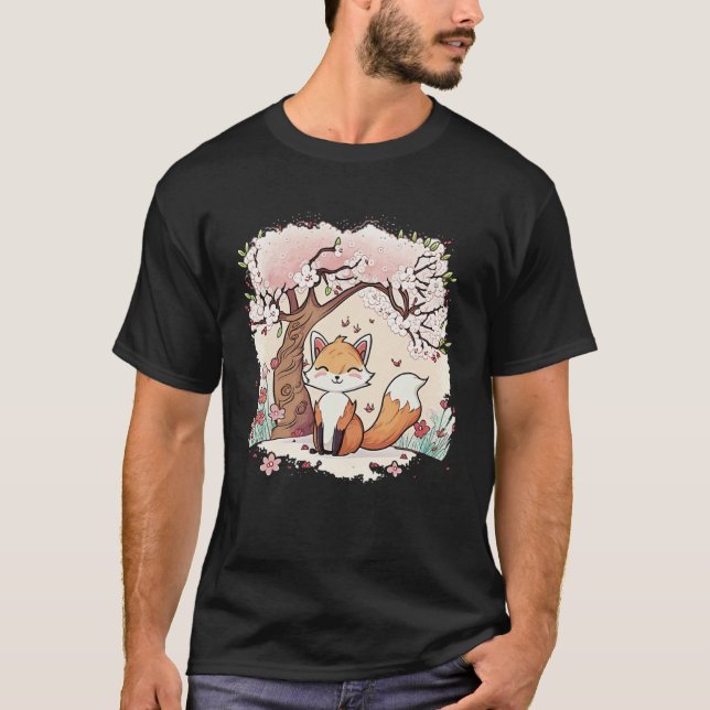 Camiseta Fox Vaporwave Under Cherry Blossom Japanese Aesthe (Frente)
