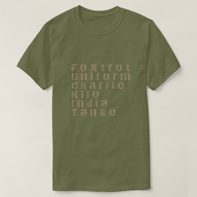 Camiseta Foxtrot, o uniforme, Charlie, quilo, India, tango (Frente do Design)