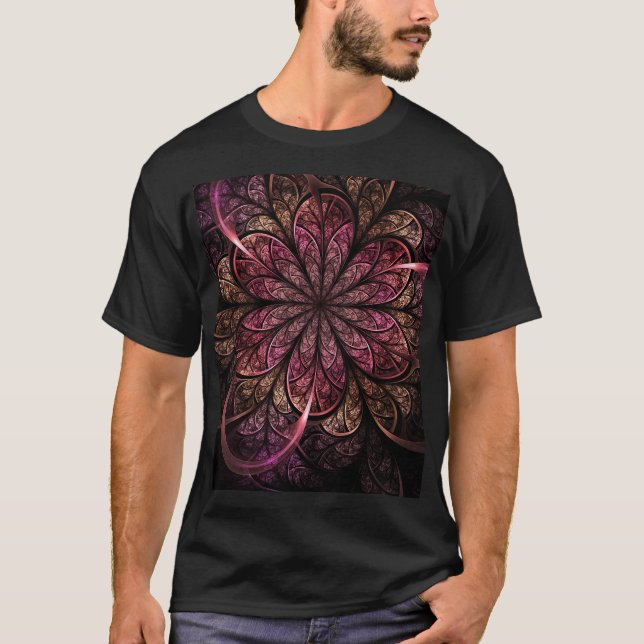 Camiseta Fractal Bloom: Fusão rosa e Dourada (Frente)