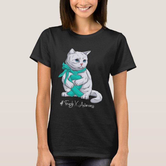 Camiseta Fragile X Awareness Month Teal Ribbon Cat (Frente)