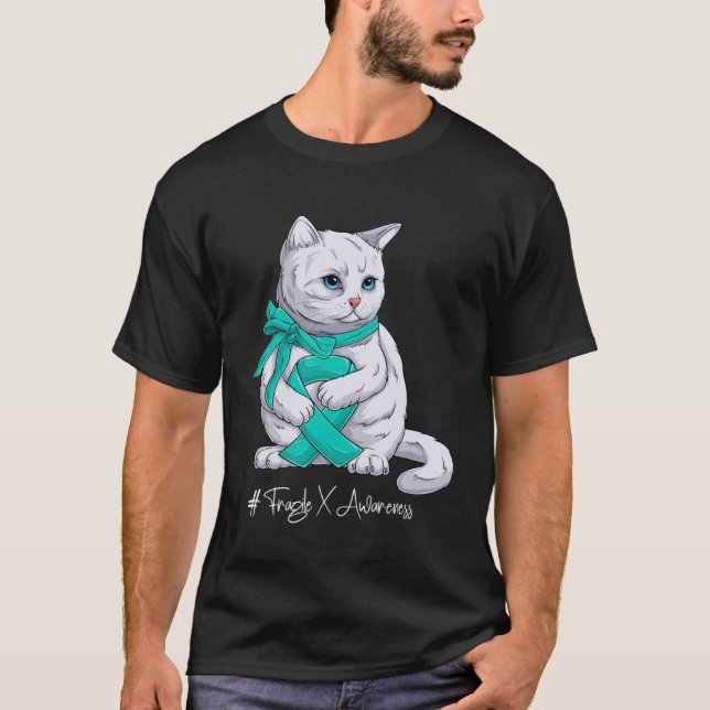 Camiseta Fragile X Awareness Month Teal Ribbon Cat (Frente)