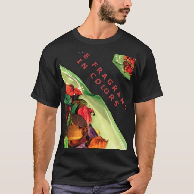 Camiseta Fragrância de vida em potpourri colorido (Frente)