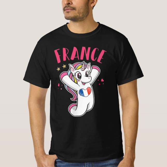 Camiseta França Soccer Fan Unicorn com bandeira cardíaca (Frente)