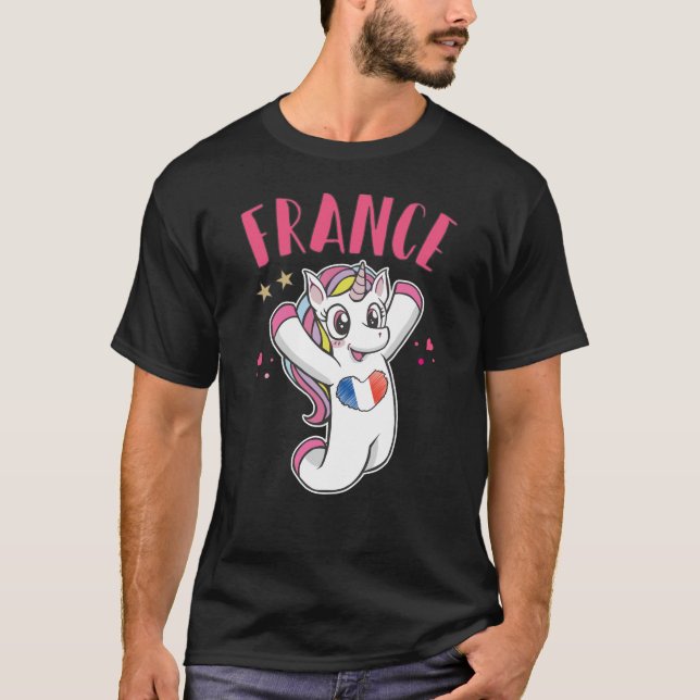 Camiseta França Soccer Fan Unicorn com bandeira cardíaca (Frente)