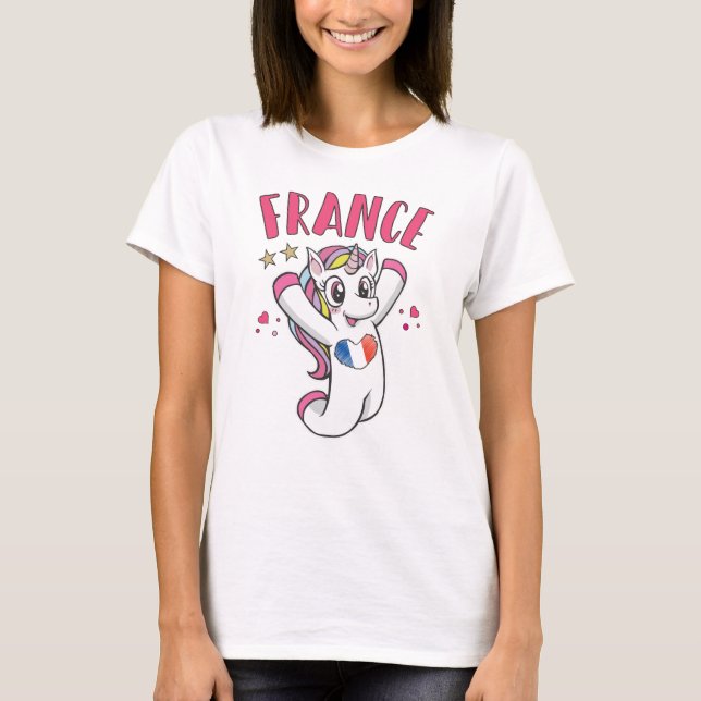 Camiseta França Soccer Fan Unicorn com bandeira cardíaca (Frente)