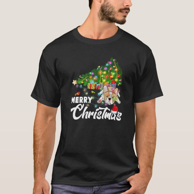 Camiseta Francês Bulldog Frenchie Dog Xmas Tree Light Chris (Frente)