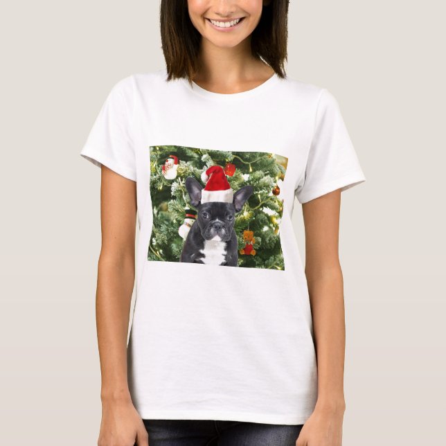 Camiseta Francês Bulldog Ornamento de Árvore de Natal Snowm (Frente)