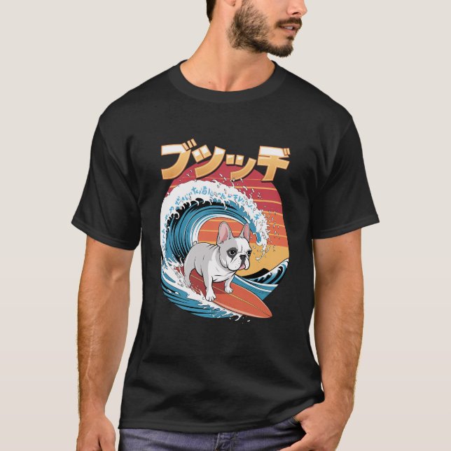 Camiseta Francês Engraçado Bulldog Japonês Onda Kanagawa (Frente)