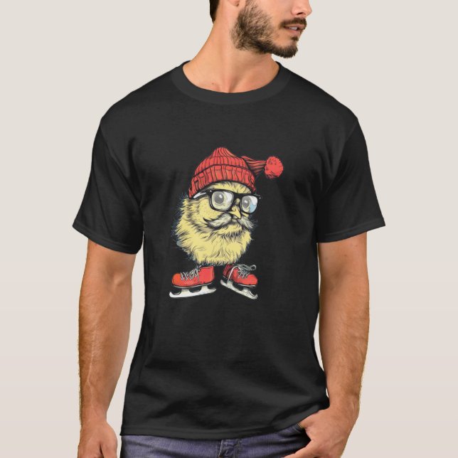 Camiseta Frango Barbudo com Roupas de Patins de Gelo para  (Frente)