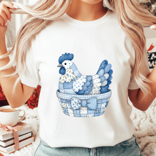 Camiseta Frango de Páscoa em Remendo Azul com Floral Xadrez
