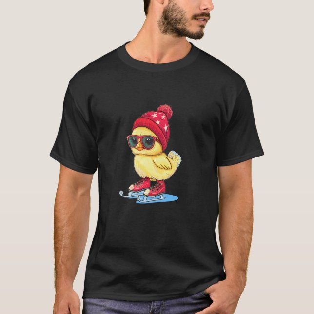 Camiseta Frango engraçado com óculos de sol e patins de gel (Frente)